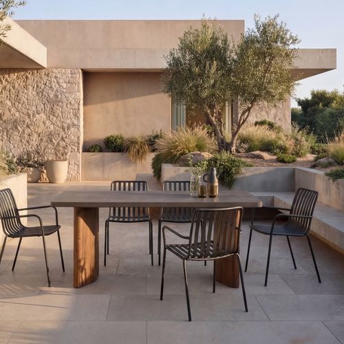 Contemporary dining table - SERGIO - TICKET FOR THE MOON - cement / acacia / wooden base