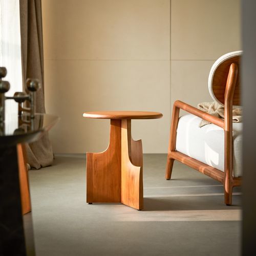 Contemporary side table - SUN - TICKET FOR THE MOON - teak / round / sculptural