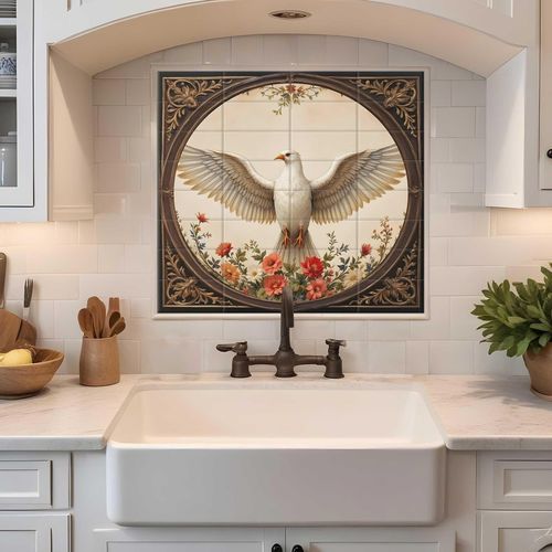 Porcelain backsplash - WHITE DOVE WITH WINGS SPREAD - Tempera Art Design - Baroque motif / arabesque / patterned