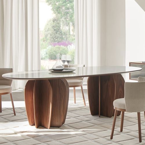 Contemporary table - CORAL - punt mobles - walnut / wooden base / glass base