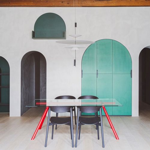 Contemporary table - W - CAPDELL - tempered glass / painted steel base / rectangular