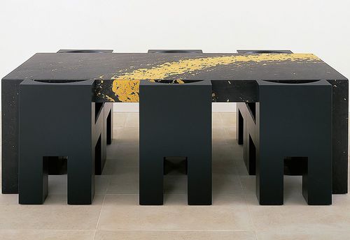 Contemporary dining table - X2 - DRAENERT - natural stone / lacquered wood base / rectangular
