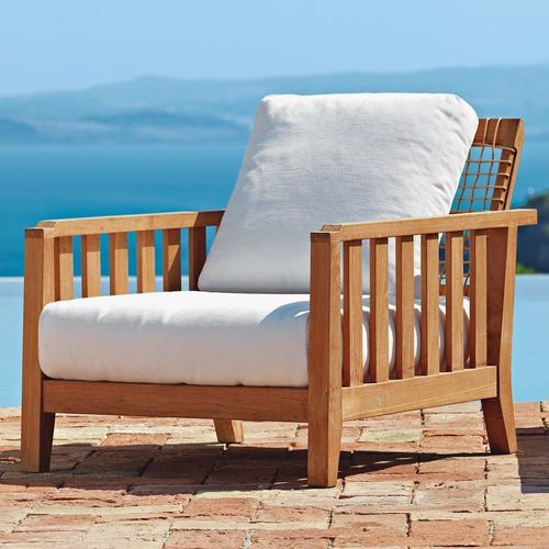 Contemporary armchair - Synthesis  - Unopiù - fabric / teak / synthetic fiber
