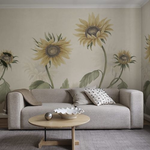 Traditional wallpaper - Sunflowers - SAND BERG - floral / panoramic / white