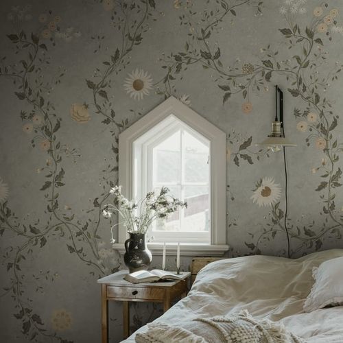 Contemporary wallpaper - Inger - SAND BERG - floral / white / yellow