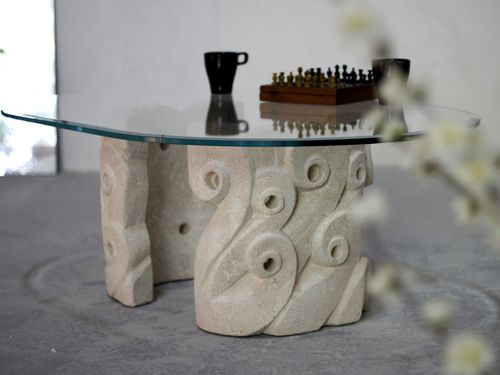 Contemporary coffee table - Levante - stonebreakers - glass / stone base / oval