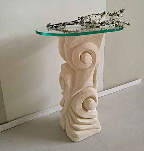 Contemporary high occasional table - Apamea  - stonebreakers - glass / stone base / half moon