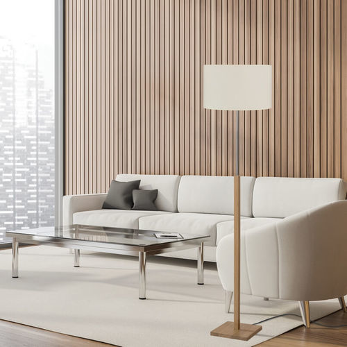 Floor-standing lamp - BAMBOU - BROSSIER SADERNE - chromed metal / linen / natural oak