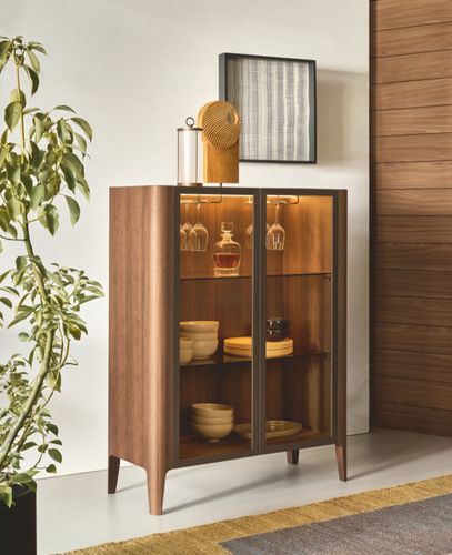 Modern display case - CROSS - Riflessi - with legs / wooden / illuminated