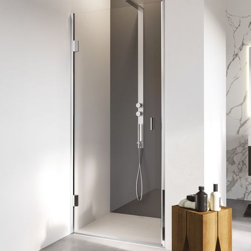 Tempered glass shower enclosure - calibe - brushed stainless steel / aluminum / with hinged door