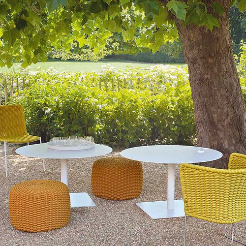 Contemporary table - GIRO - PAOLA LENTI - stainless steel / stone / varnished aluminum