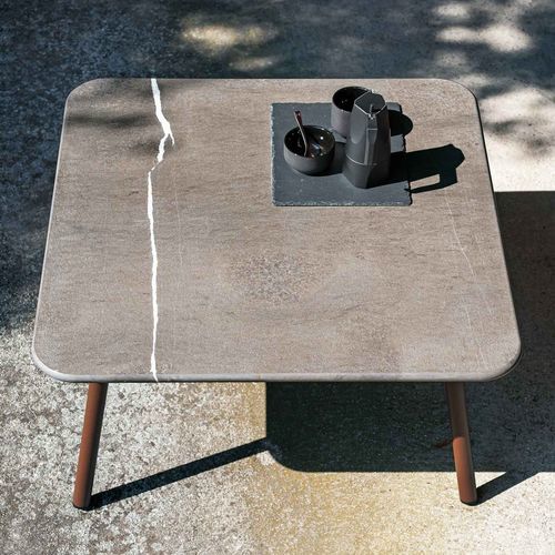 Contemporary coffee table - PIPER 011  - RODA - teak / stone / aluminum base