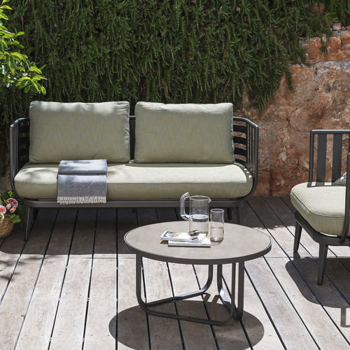 Contemporary coffee table - THEA 009 - RODA - glass / sandstone / lacquered aluminum base