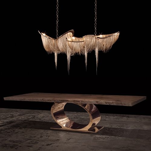 Contemporary dining table - O  - Hudson Furniture - walnut / polished stainless steel / bronze