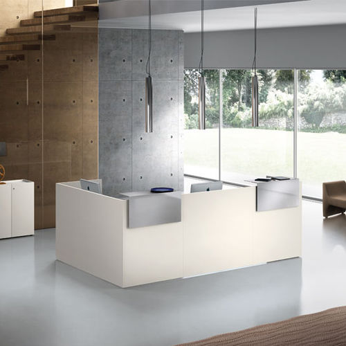 Corner reception desk - LITHOS - Della Rovere - wooden / metal / glass
