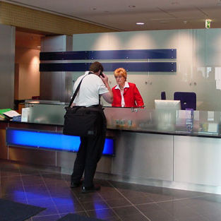Modular reception desk - Shopkit - glass / wooden / illuminated
