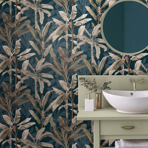 Contemporary wallpaper - BORNEO TEAL - Graham & Brown - nature pattern / fabric look / green