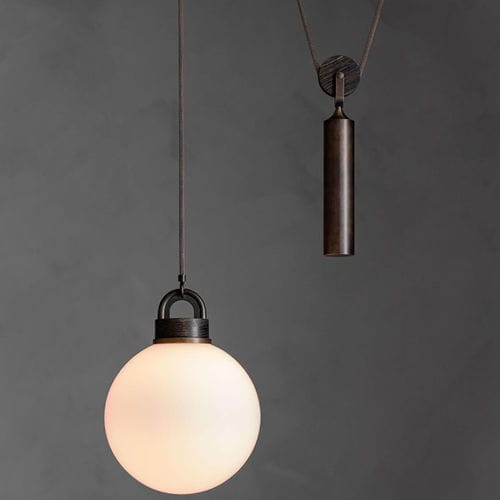 Pendant Lamp Pulley Triode Design Brass Blown Glass