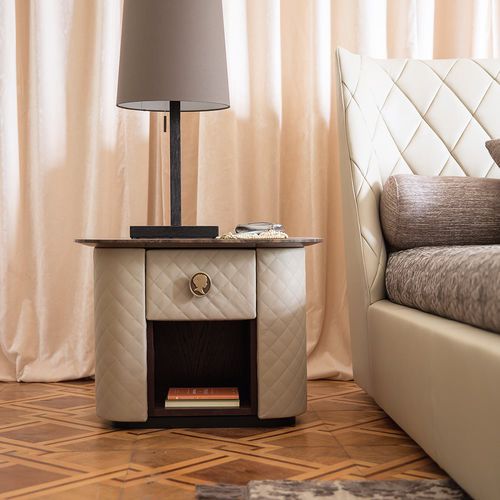 Contemporary bedside table - PENELOPE - Alberta - wooden / leather / metal base