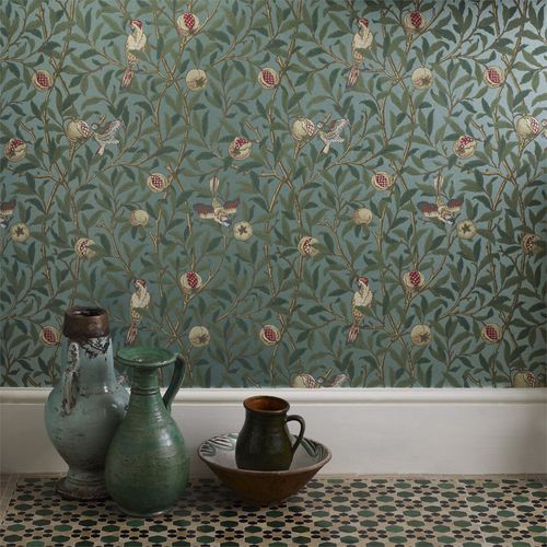 Traditional wallpaper - BIRD & POMEGRANATE  - MORRIS & Co. - floral / animal motif / fabric look