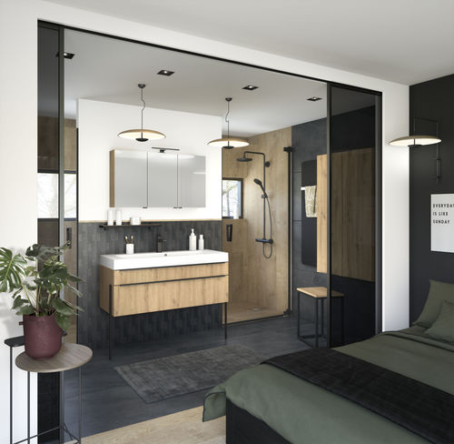 Contemporary bathroom - INSPIRATION Fusain Chêne ambré structuré - Delpha - oak / ceramic / custom-made