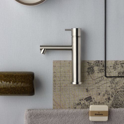 Washbasin mixer tap - E0BA0123DINOX - Ritmonio Rubinetterie Srl - countertop / brushed stainless steel / bathroom