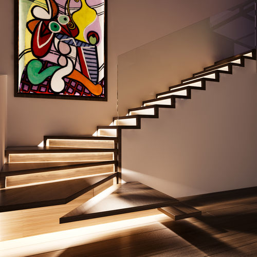 Quarter-turn staircase - ZIGZAG LED - Siller Stairs - oak step / glass frame / wooden frame