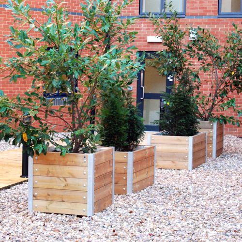 Metal planter - MEWS  - Street Design - wooden / rectangular / with integrated bench