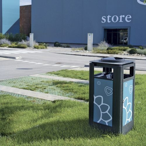 Square trash can - Calzolari - public / sheet steel / wooden