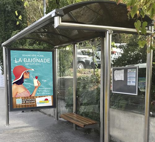Steel bus shelter - Mirroir P - ALOES RED - polycarbonate / with bench