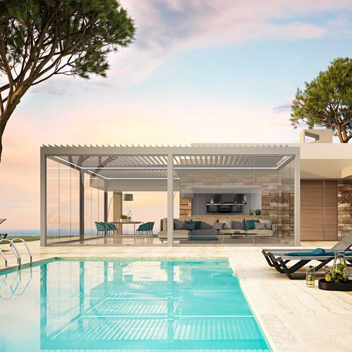 Self-supporting pergola - OSKURA ORIENTA - Sunroom S.p.A. - glass / bioclimatic / with integrated LED