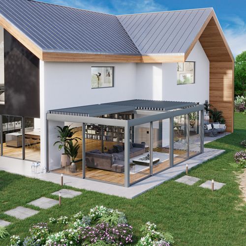 Wall-mounted pergola - OSKURA UNICA - Sunroom S.p.A. - glass / sun shade louvers / bioclimatic