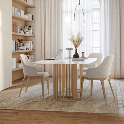 Contemporary dining table - CHELSEA - Olivieri - glass / sandstone / lacquered wood base