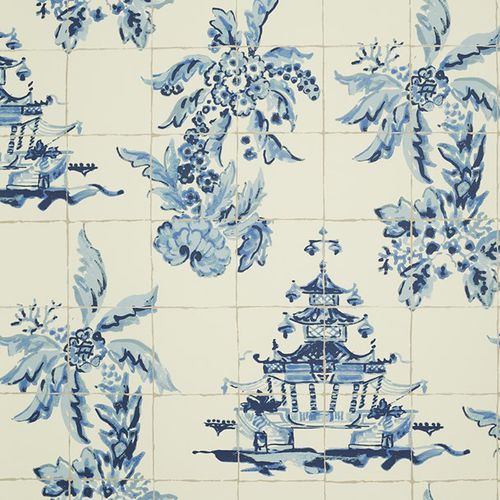 Traditional wallpaper - PAGODA AND PALMS - JIM THOMPSON - floral pattern / fabric look / gray
