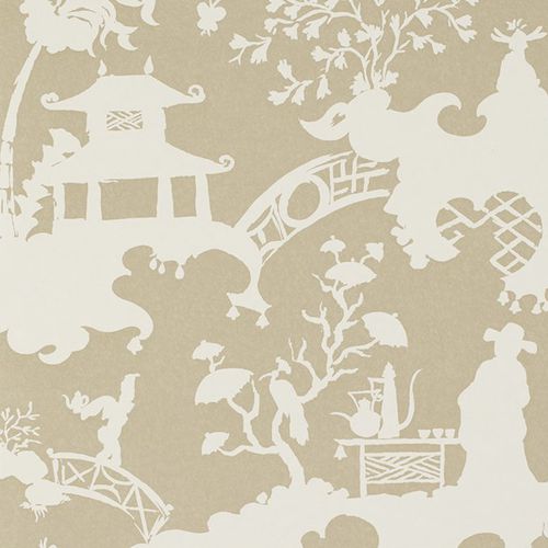 Contemporary wallpaper - PAGODA AND PALMS : TEA PARTY - JIM THOMPSON - patterned / fabric look / gray