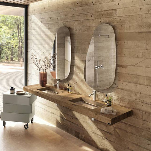 Wall-mounted washbasin - Depth  - LAGO - glass / wooden / with counter