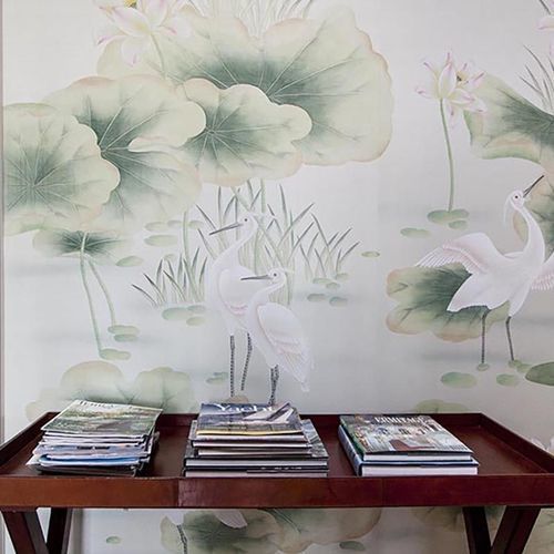 Oriental wallpaper - HERONS POND - Misha wallcoverings - silk / animal motif / chinoiserie