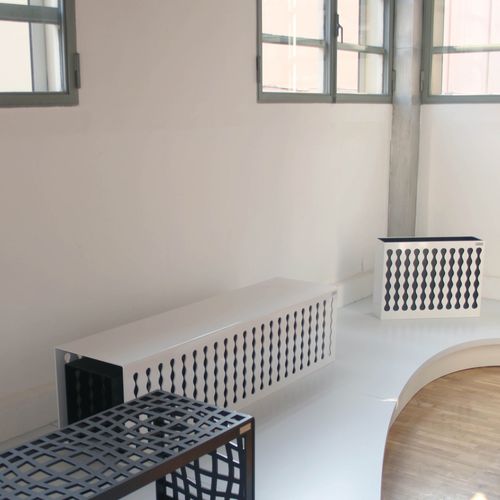 Contemporary public bench - MULTIPLICITY - LAB23 - sheet steel / without backrest / without armrests