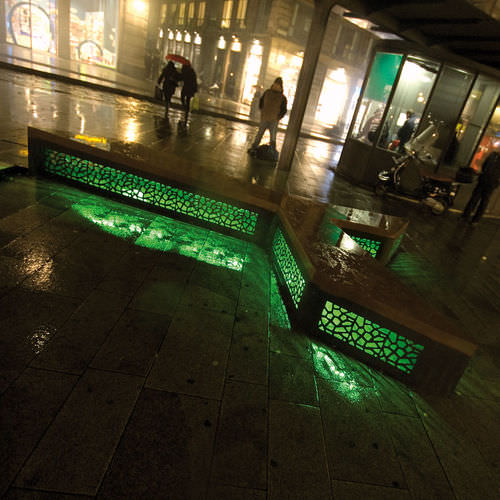 Contemporary public bench - YPSILON - LAB23 - exotic wood / galvanised steel / COR-TEN® steel
