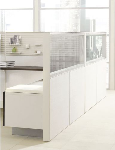 Desk mounted office divider - LEVERAGE - Teknion - floor-mounted / glass / wooden