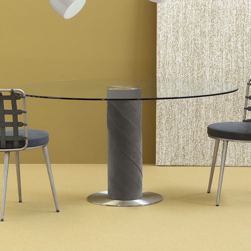 Contemporary table - ROLLING - fasem - tempered glass / stainless steel base / round