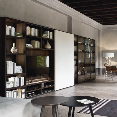 Contemporary living room wall unit - MODO M6C77 - SANGIACOMO - smoked glass / wood veneer / oak