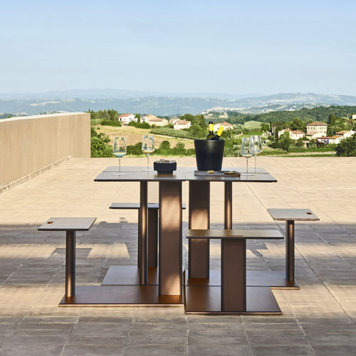 Contemporary table and bench set - PLINTO Sit & Eat - Varaschin - painted aluminum / HPL / patio