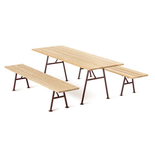 Contemporary table and bench set - Alnön - NOLA INDUSTRIER - oak / powder-coated steel / zinc-plated steel