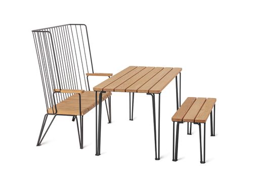 Contemporary table and bench set - Gard - NOLA INDUSTRIER - oak / powder-coated steel / outdoor