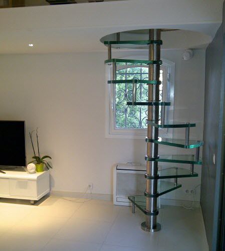 Spiral staircase - SPIRO / QUADRO - Trescalini - wooden step / glass step / stainless steel frame
