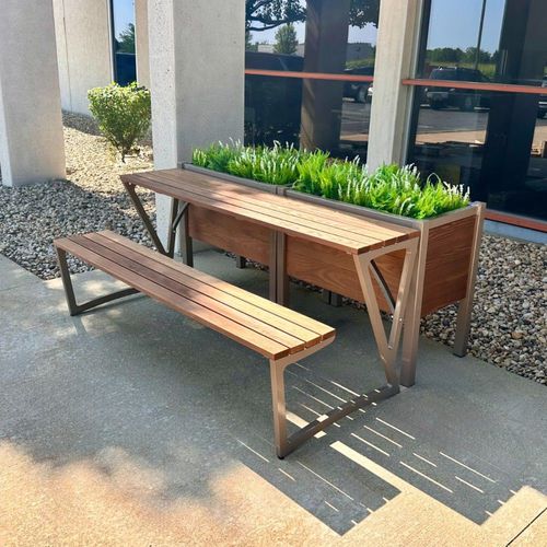Contemporary table and bench set - MIDVALE - Madrax/Thomas Steele - ipe / recycled plastic / outdoor