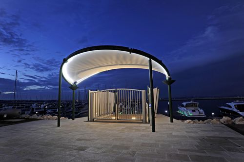 Metal frame tensile structure - BARREL : BANDSHELL - Fabric Architecture - for entrance canopy / with PVC membrane