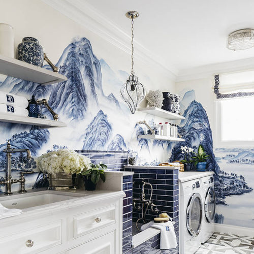 Traditional wallpaper - THOUSAND LI OF RIVERS AND MOUNTAINS - DE GOURNAY - silk / nature pattern / fabric look