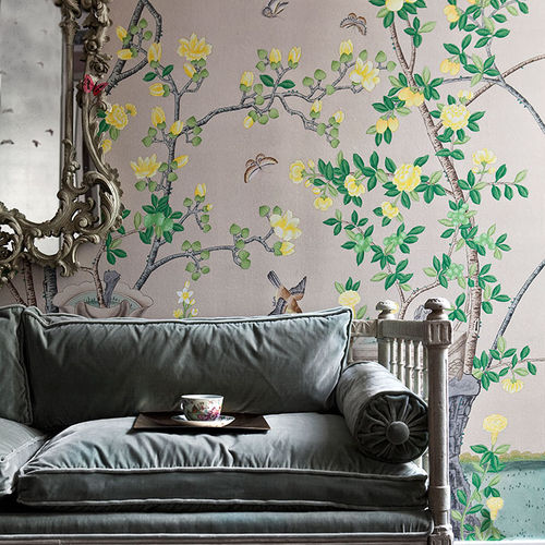 Traditional wallpaper - JARDINIERES CITRUS TREES - DE GOURNAY - floral / chinoiserie / fabric look